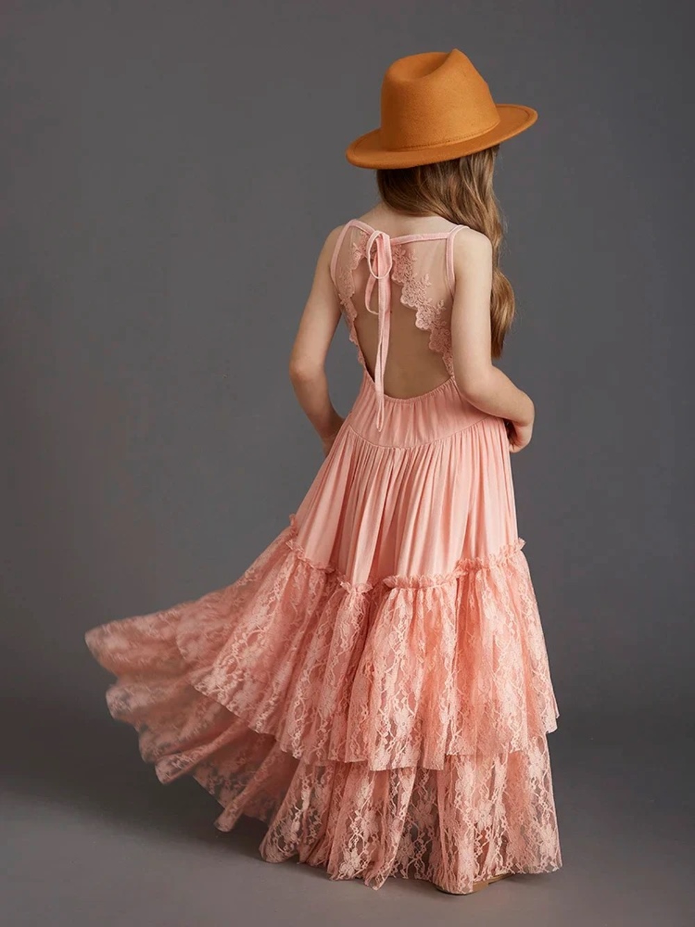 Girls' Pink Lace Tiered Backless Dress